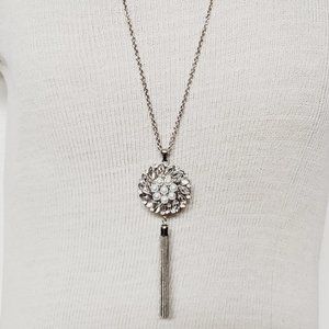 C1946 Silver TASSEL Clear Rhinestone Faux Pearl STATEMENT 20" Pendant Necklace